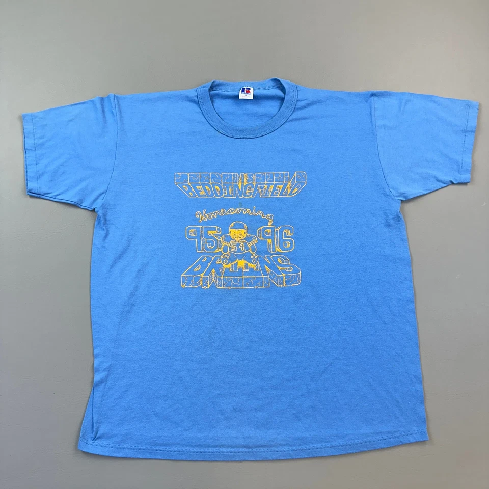 Camisa atlética masculina vintage Russell XL azul ponto único Homecoming 95-96 EUA - Imagem 1 de 4