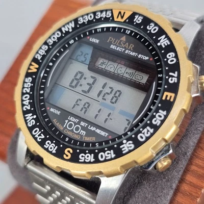 Pulsar by Seiko Men Alarm Chrono Timer Watch 100M Water Resistant Stainless Band - Image 1 of 4