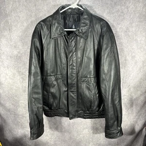 London Fog Leather Jacket Mens Large Black Full Zip Bomber Motorcycle - Picture 1 of 7