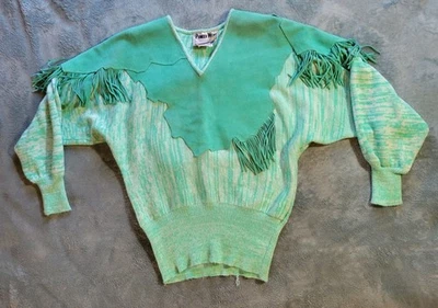 Suéter occidental de cuero con flecos Pioneer Wear talla grande vintage tejido con cable verde azulado Foto 1 de 4