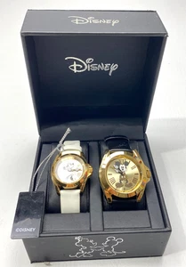 NEW Disney Mickey and Minnie His and Hers Blk White Watch Gold Tone 2 IN BOX - Picture 1 of 11