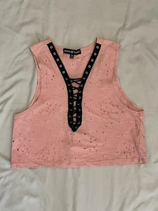 Almost Famous Pink Distressed Burnout Black Lace-Up Tank Crop Top Size Medium - Picture 1 of 7