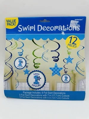 New First 1st Birthday Foil Swirl Decorations Blue Boy Polka Dots 12 Pieces - Image 1 of 4