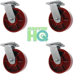 CasterHQ - 4" x 2" Red Ductile Iron/Steel Swivel Caster - Set Of 4 - Heavy Duty - Picture 1 of 2