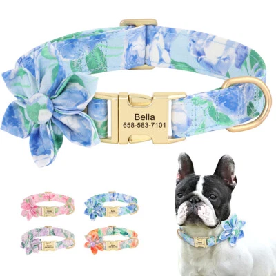Personalised Girl Dog Collar with Flower Engraved Name Custom Small Medium Large - Image 1 of 4