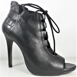 Pour La Victoire Women Black Leather Stiletto Heel Booties Peep Toe Shoe Sz 7.5  - Picture 1 of 11