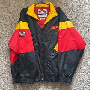 Vintage NUTMEG MILLS NASCAR Ernie Irvan Jacket Size L Puffer Thick Red Yellow - Picture 1 of 5