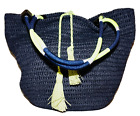 J.CREW Navy Blue Woven Straw & Neon Yellow Slouchy 12 x 14 Tote Handbag