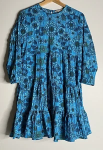 Zara Dress Women 8 Turquoise Blue Floral Long Sleeve Knee Length Tiered Trapeze - Picture 1 of 17