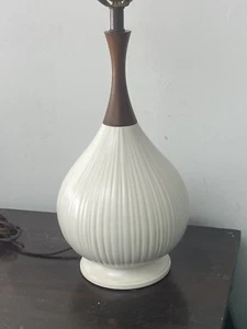 Vintage Mid Century Danish Modern Style Ceramic Lamp Porcelain and Walnut - Picture 1 of 13