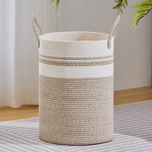 Large Laundry Hamper Tall Woven Rope Storage Basket For Blanket Toys Dirty Cloth - Picture 1 of 8