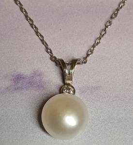 Sterling Silver 925 Large 10mm Pearl and Crystal Pendant Necklace - Signed HDS - Picture 1 of 6