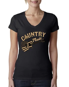 Country Music American Flag Vintage Guitar Women Junior V-Neck Tee - Picture 1 of 13