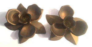 Pair of Vintage Solid Brass Candle Holders Lotus Water Lily Flower made in India - Picture 1 of 8
