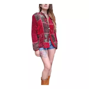 Vintage Beaded Embroidered Red Velvet Jacket S M Hippie Patchwork Festival Boho - Picture 1 of 19