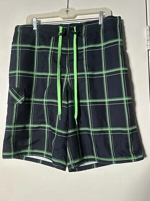 Pantalones cortos de natación OP para hombre forrados de malla negros y neón a cuadros medianos 32-34 Foto 1 de 4