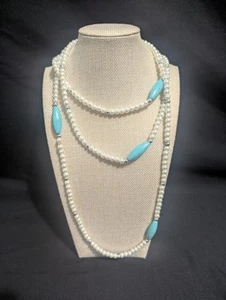 MULTI-STRAND Pearls & Turquoise Layered Chunky BOHO, Statement Necklace Costume - Picture 1 of 5