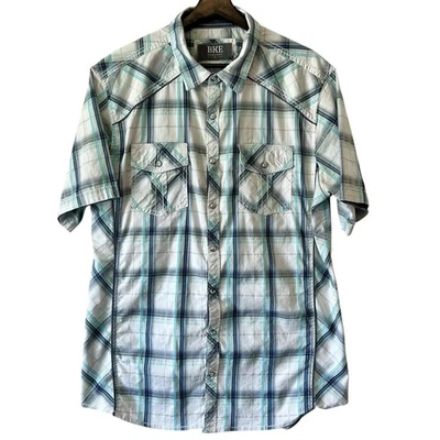 Camisa a Presión BKE Para Hombre XL Azul Blanco A Cuadros Senderismo Aire Libre Vaquero Occidental Foto 1 de 4