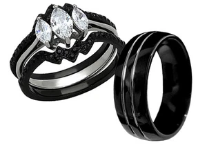 Juego de bandas de anillo de compromiso de boda de acero inoxidable negro de tungsteno para hombre - Imagen 1 de 6