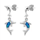 Dolphin Earrings Genuine Sterling Silver 925 Blue Lab Opal Face Height 23 Mm