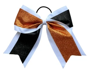 NEW "GLITTER DUO Orange Black" Cheer Bow Pony Tail Ribbon Girl Hair Cheerleading - Picture 1 of 1