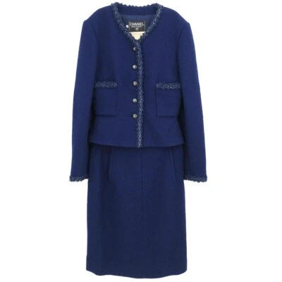 Chanel Setup Suit Collarless Jacket Skirt Navy 95C #38 175550 - Image 1 of 4