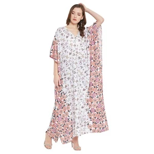 Gypsie Blu Women Kaftan Dress Ladies Casual Dresses White Floral Long Maxi Gown - Picture 1 of 8