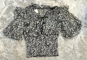 Free People Top OB1471215 Lace Shirt Floral Beatrice Black White Sz XS Women - Picture 1 of 9