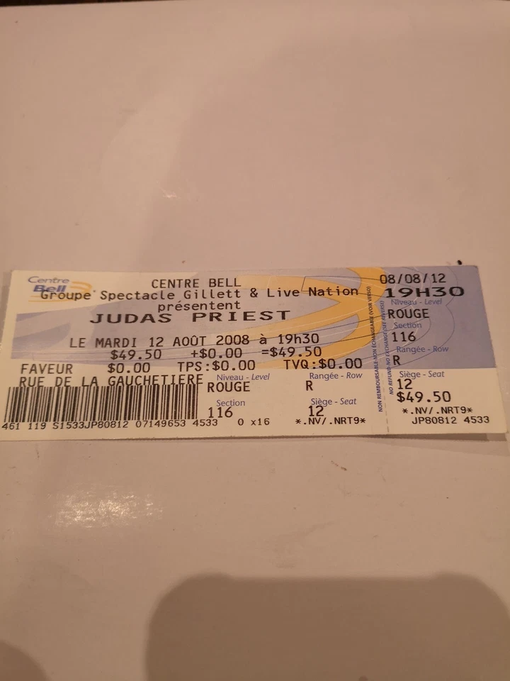  JUDAS PRIEST CONCERT MONTREAL BELL CENTRE UNUSED  TICKET STUB AUG. 12.2008p - Image 1 of 4