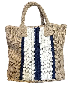 NWT. Straw Beach Tote Khaki/Blue/White Stripe Double Handle, Lined 13 x 13 x 4 - Picture 1 of 9