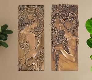 Pair of Bronze Resin Mackintosh Style Art Deco Nouveau Wall Plaque New & Boxed
