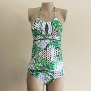 NWT $170 Nanette Lepore Keyhole Tankini Set Green Palm Patchwork Print Size 6 - Picture 1 of 10