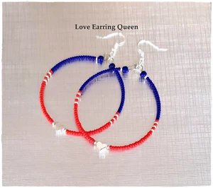 Red Blue Seed Bead Hoop Earrings, Silver Heart Beaded Hoop Earrings - Picture 1 of 4
