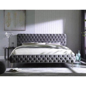 Modern Velvet Upholster Tufted CK Size Platform Bed Frame w/ Golden Legs, Gray - Picture 1 of 4