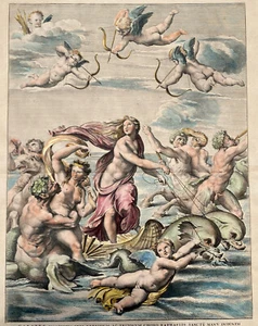 Grabado italiano fechado 1693 Rafael “Triunfo de Galatea” mitología coloreada a mano - Imagen 1 de 13
