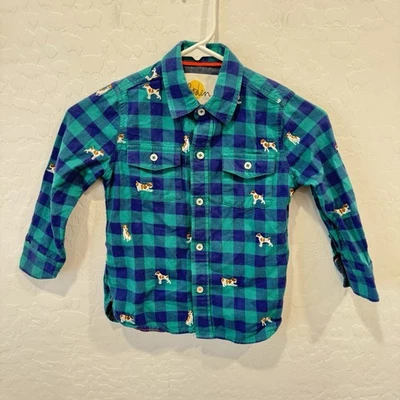 Camisa Boden Bordada Perro Niños 4-5Y AzulVerde Franela a Cuadros Algodón Foto 1 de 4