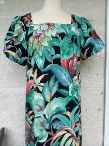 Vintage MuuMuu Maxi Dress Large Handmade Tropical Print Floral Hawaiian Tiki 80s - Picture 1 of 17
