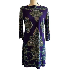 Vestido London Times Púrpura Paisley Manga 3/4 Cuello Barco Carrera Para Mujer Talla 8P - Imagen 1 de 7