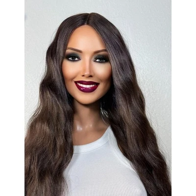 Dark Chocolate Brunette Brown Human Hair Blend Wig, Soft Dominican Textured Deep - Image 1 of 4