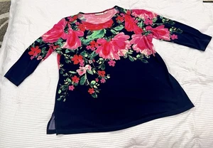 Top túnica Susan Graver azul tejido floral tropical para mujer grande colorido artístico - Imagen 1 de 12