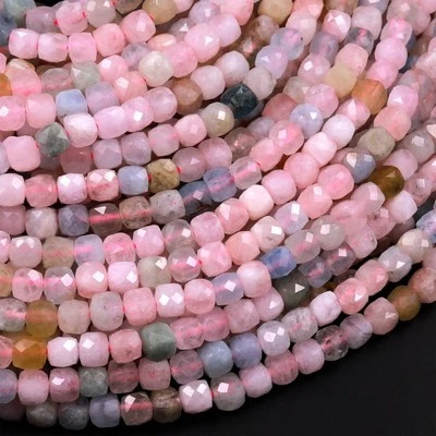 4mm Natural Tiny Faceted Cube Square Pink Morganite Beads for Jewelry Making DIY - Image 1 of 4