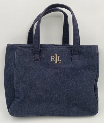 Ralph Lauren Denim Tote Dark Blue Embroidered Cotton Vtg 14" x 12" - Image 1 of 4