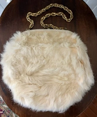 Vtg 50s Ingber USA Rabbit Fur White Purse Chain Handle Kiss Lock Clasp READ Flaw - Image 1 of 4