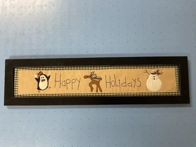 Primitive Happy Holidays Fabric Art Wall Hanging In Black Frame  Moose Snowman - Image 1 of 4