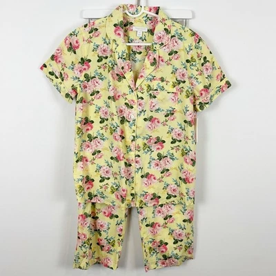 Conjunto de pijama de algodão cropped colarinho entalhe acabamento renda estampado Charter Club X-pequeno - Imagem 1 de 4