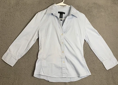 Blusa informal Ninety para mujer azul manga larga cuello en V abotonada talla pequeña Foto 1 de 4