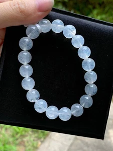 Bracciale Cristallo Quarzo 10mm Naturale Trasparente Bianco Blu” Piuma” AAA - Foto 1 di 3