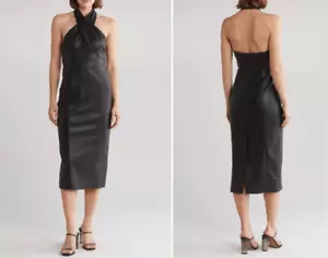 Abito midi drappeggiato vegan in pelle impero-vita con ferretto nuovo con etichetta taglia 6 - Foto 1 di 11
