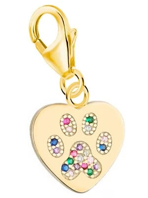 Charm Anhänger Gold Pfote Herz 18k vergoldet mit Zirkonia, Karabiner - Bild 1 von 3