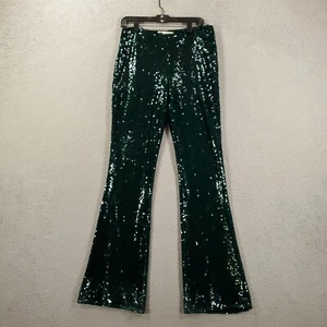 Zara Flared High Waist Green Sequin Sparkly Pants Womens Medium Pull On Side Zip - Picture 1 of 15